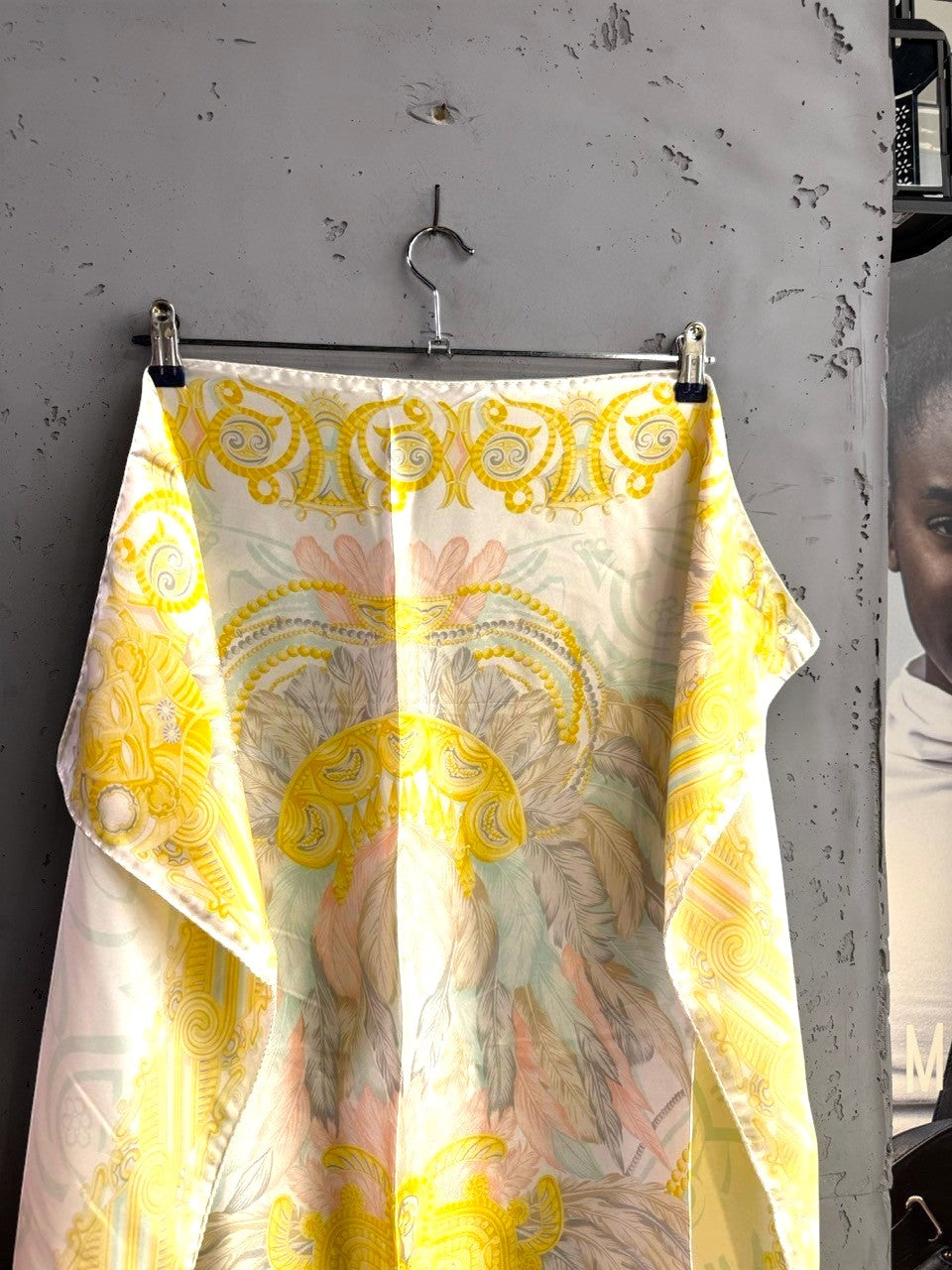 BERLIN VINTAGE CORNER silk scarf with baroque patterns in yellow, peach, and sage green on a cream background.