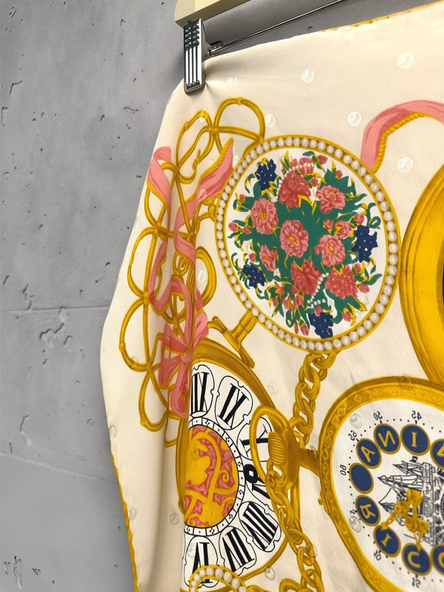 BERLIN VINTAGE CORNER cream silk scarf with pocket watch, floral, and ribbon motifs. Luxurious, smooth finish.