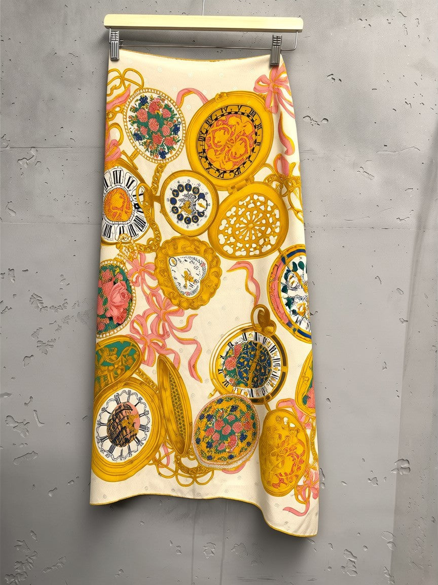 BERLIN VINTAGE CORNER cream silk scarf with vintage pocket watch, floral, and pink ribbon motifs. Luxurious, lustrous finish.