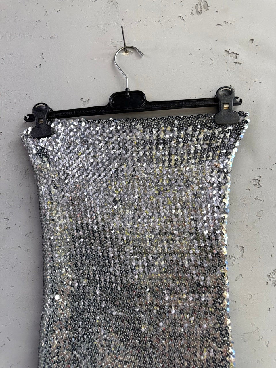 BERLIN VINTAGE CORNER silver sequin strapless mini dress with a bandeau design.