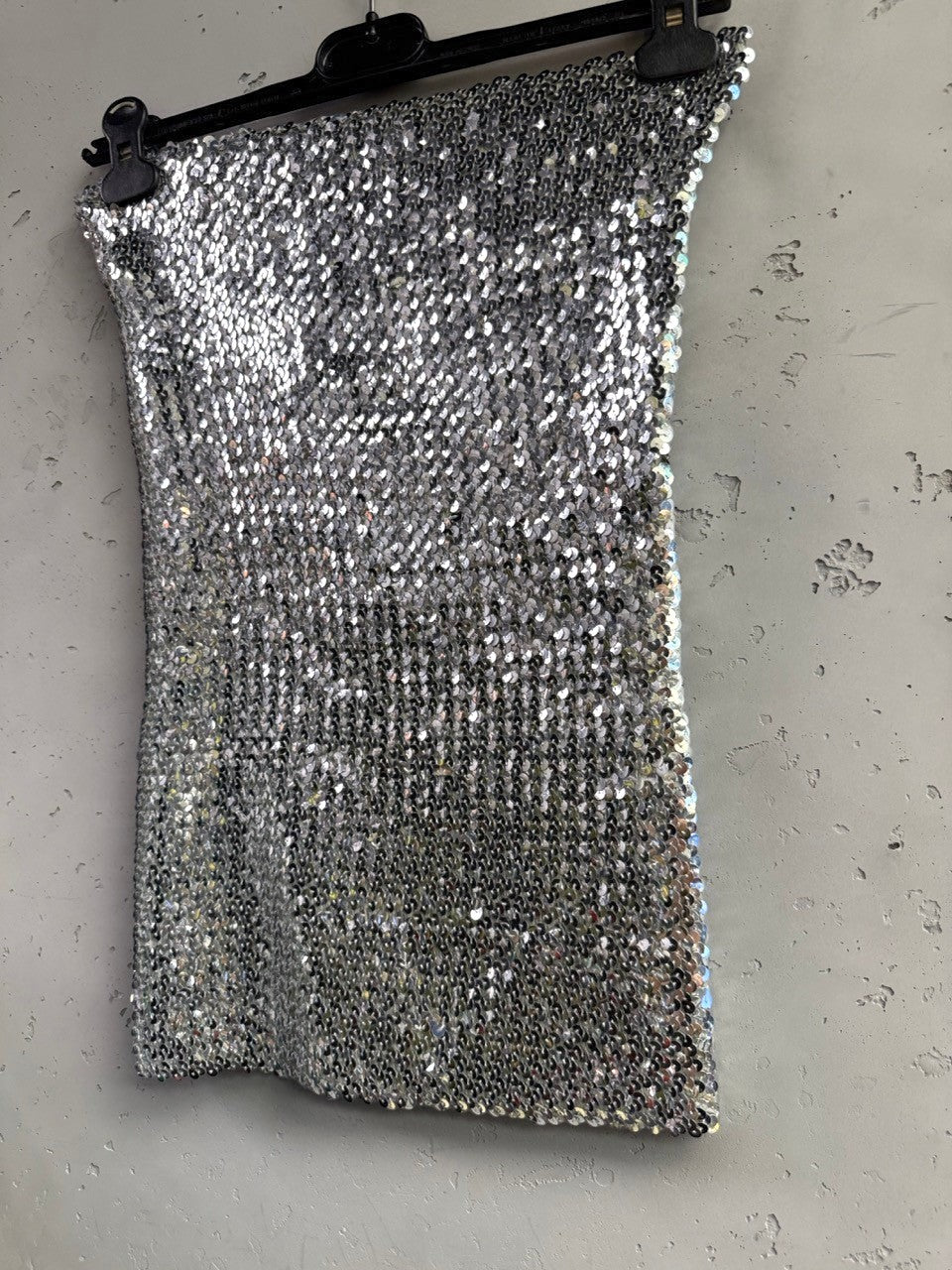 BERLIN VINTAGE CORNER silver sequin strapless mini dress with a bandeau design.