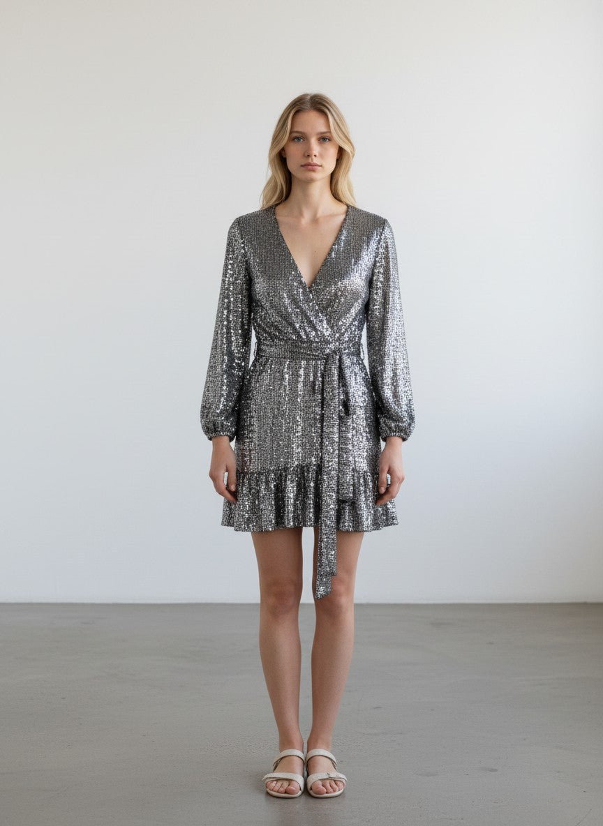 BERLIN VINTAGE CORNER silver sequin wrap dress with V-neckline, long sleeves, tie waist, and ruffled hem.