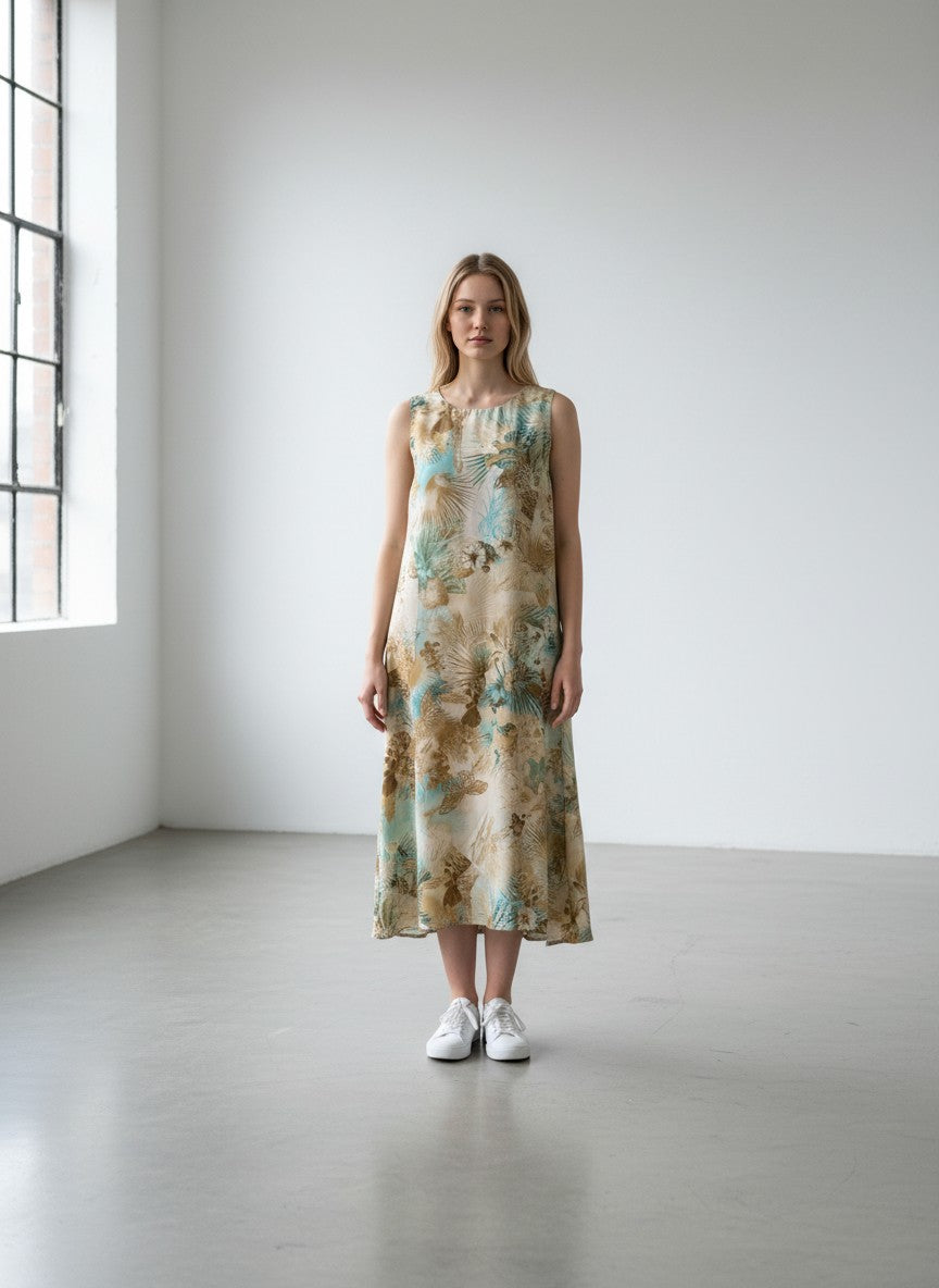 BERLIN VINTAGE CORNER sleeveless midi dress with tropical print in beige, tan, and turquoise. Flowing fabric.