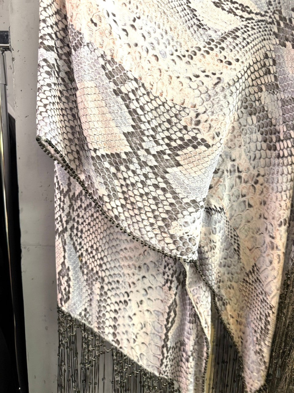 BERLIN VINTAGE CORNER grey, white, and blush pink snakeskin print kimono with beaded fringe