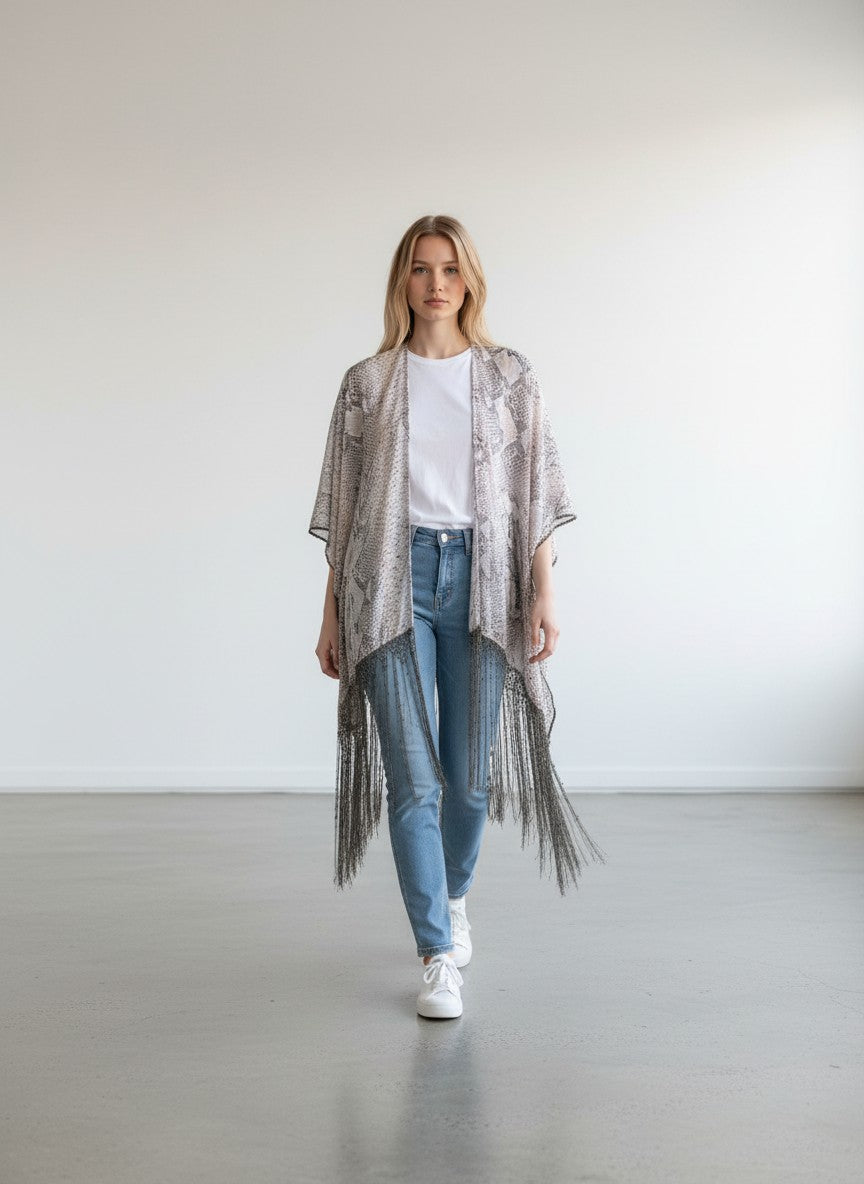 BERLIN VINTAGE CORNER grey, white, and blush pink snakeskin print kimono cardigan with fringe hem.