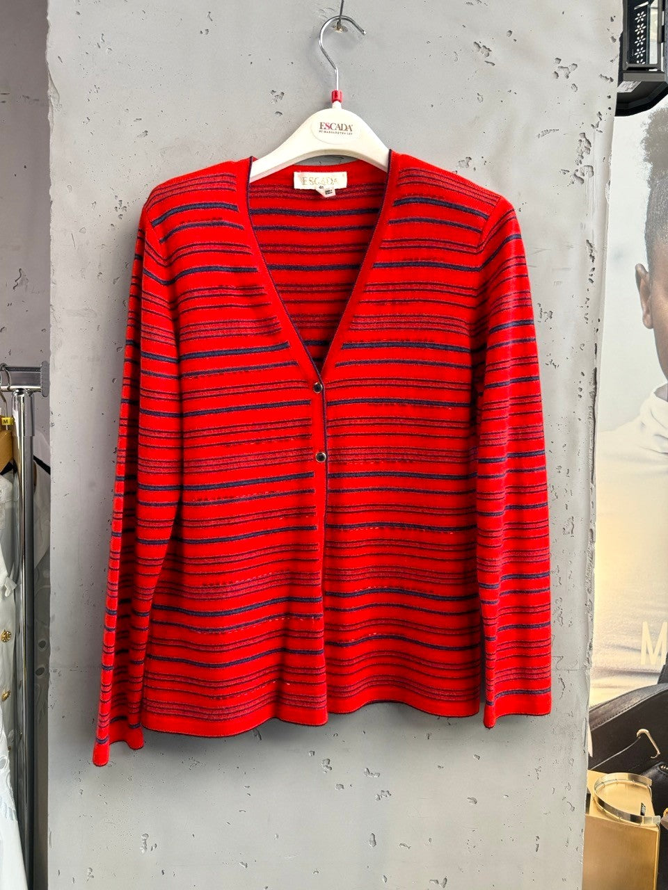 BERLIN VINTAGE CORNER red and navy striped V-neck cardigan sweater with button-down front and subtle metallic threads.