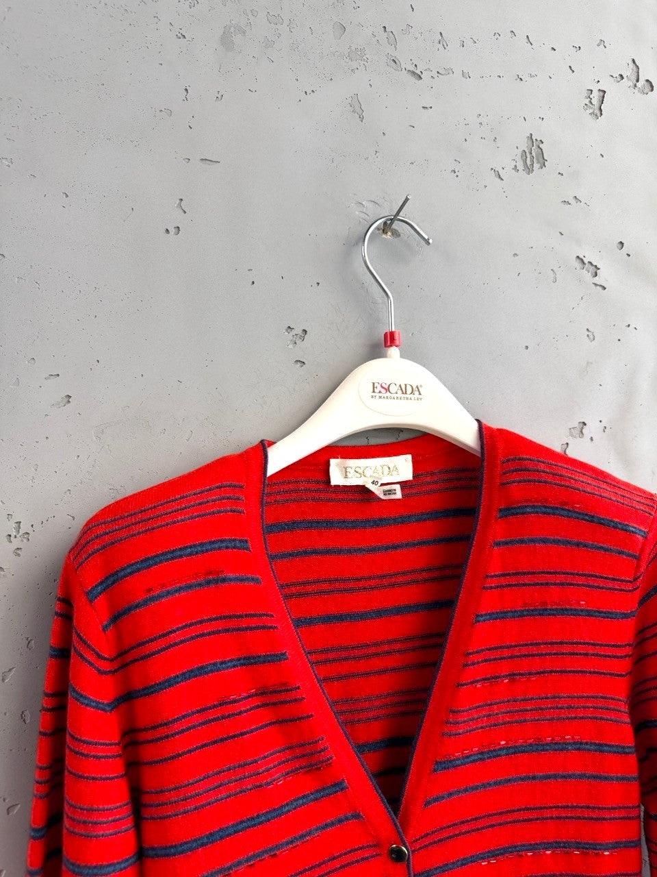 BERLIN VINTAGE CORNER red and navy blue striped V-neck cardigan sweater with button-down front and metallic threads.