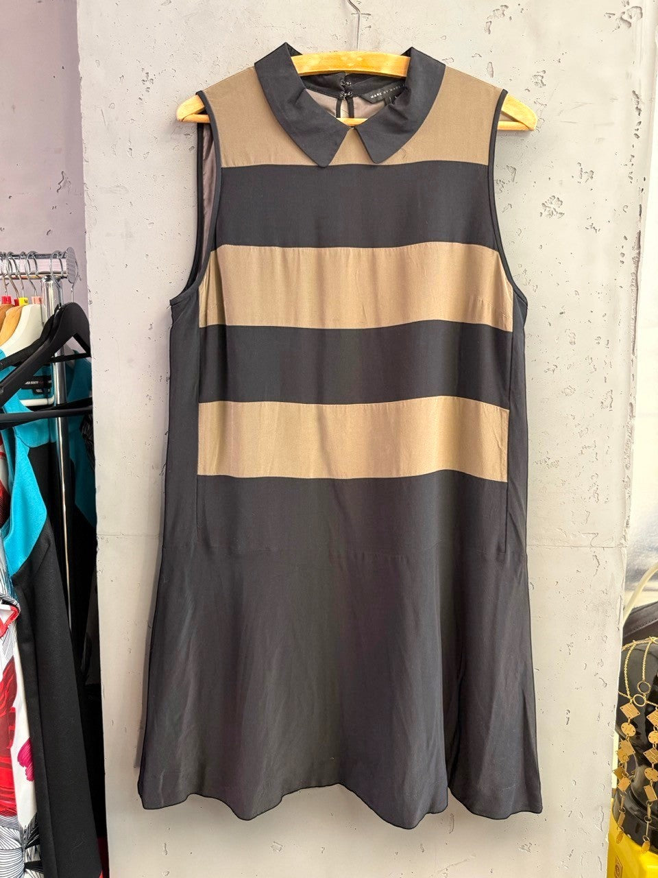 BERLIN VINTAGE CORNER Marc by Marc Jacobs sleeveless dress with black and tan horizontal stripes and Peter Pan collar.
