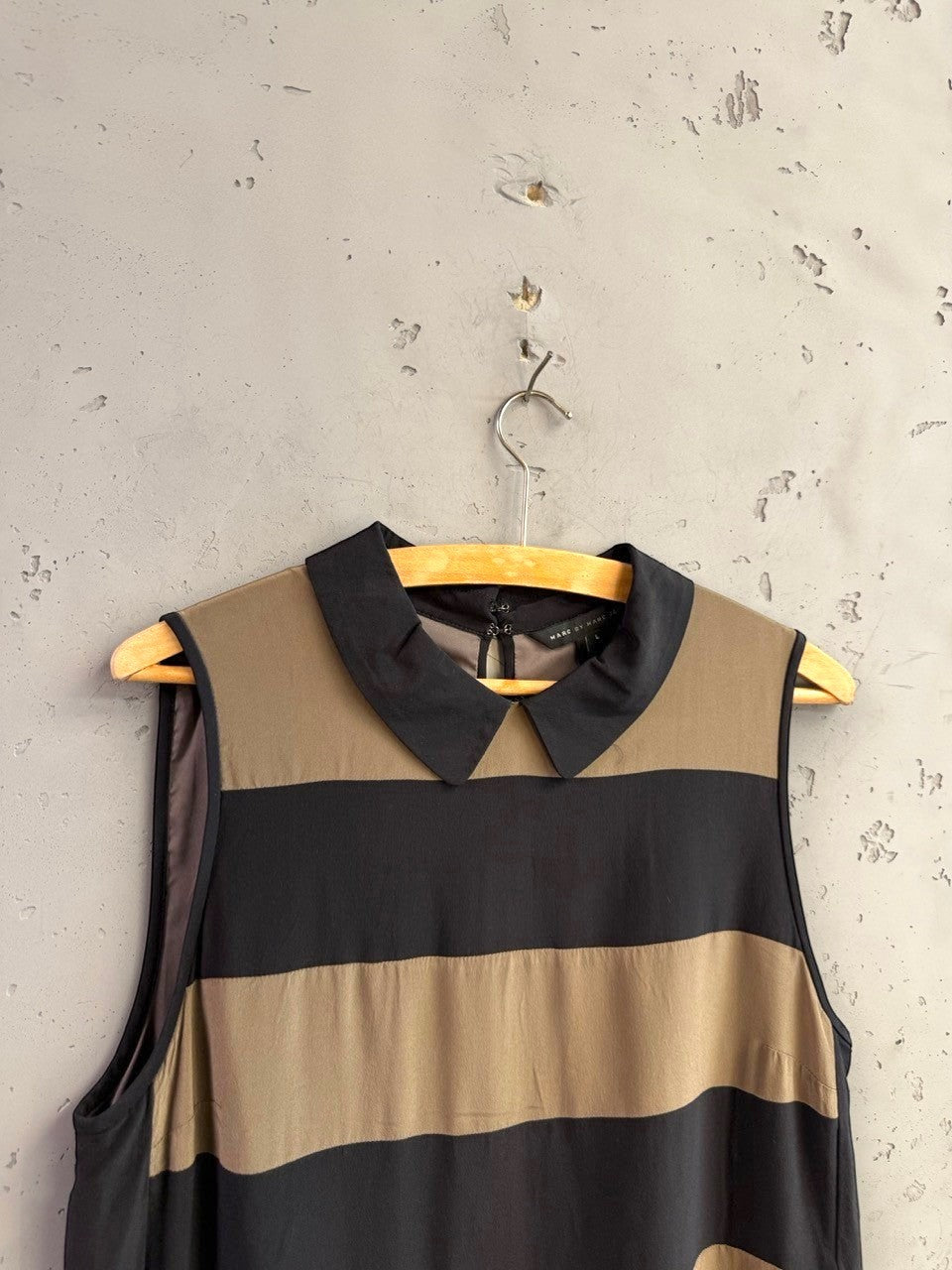 BERLIN VINTAGE CORNER Marc by Marc Jacobs sleeveless dress with black and tan stripes and a Peter Pan collar.