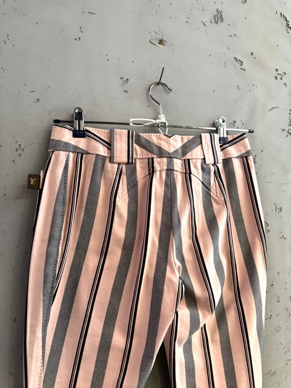 BERLIN VINTAGE CORNER pink, charcoal grey, and black striped cotton pants with belt loops and classic waistband.