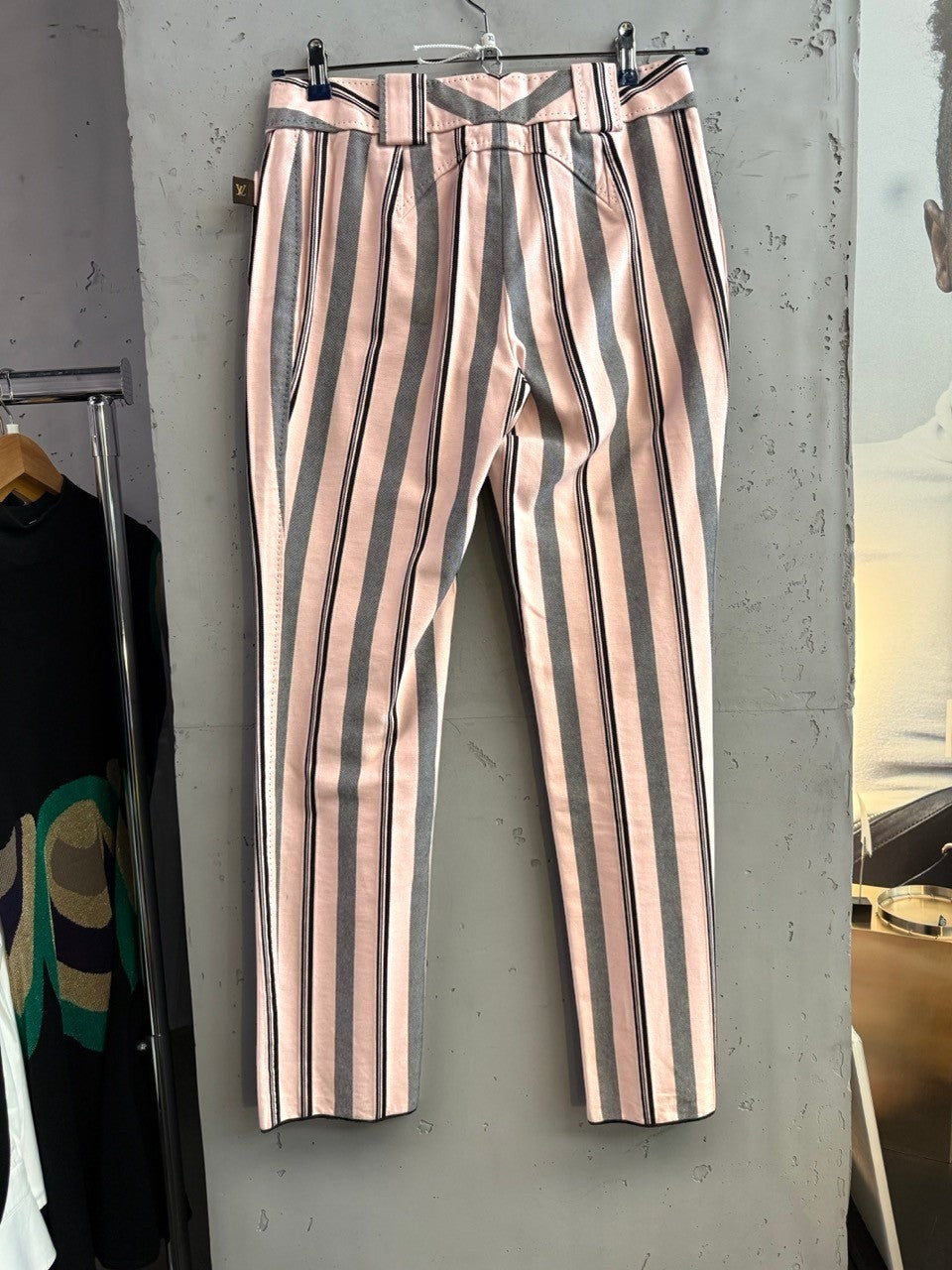 BERLIN VINTAGE CORNER pink, charcoal grey, and black striped cotton pants with belt loops and a classic waistband.