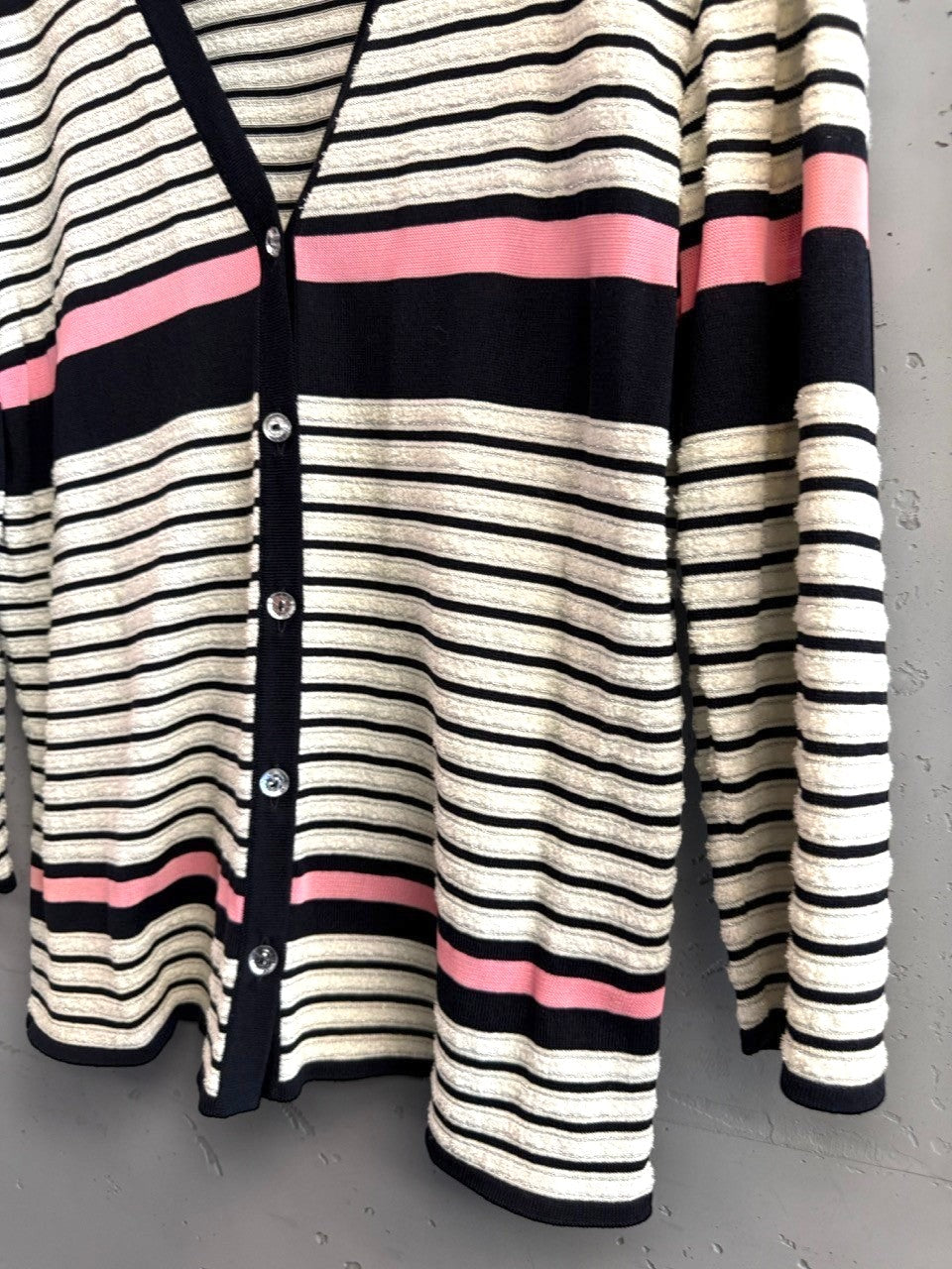 BERLIN VINTAGE CORNER navy, cream, and pink striped knit V-neck cardigan with button front.