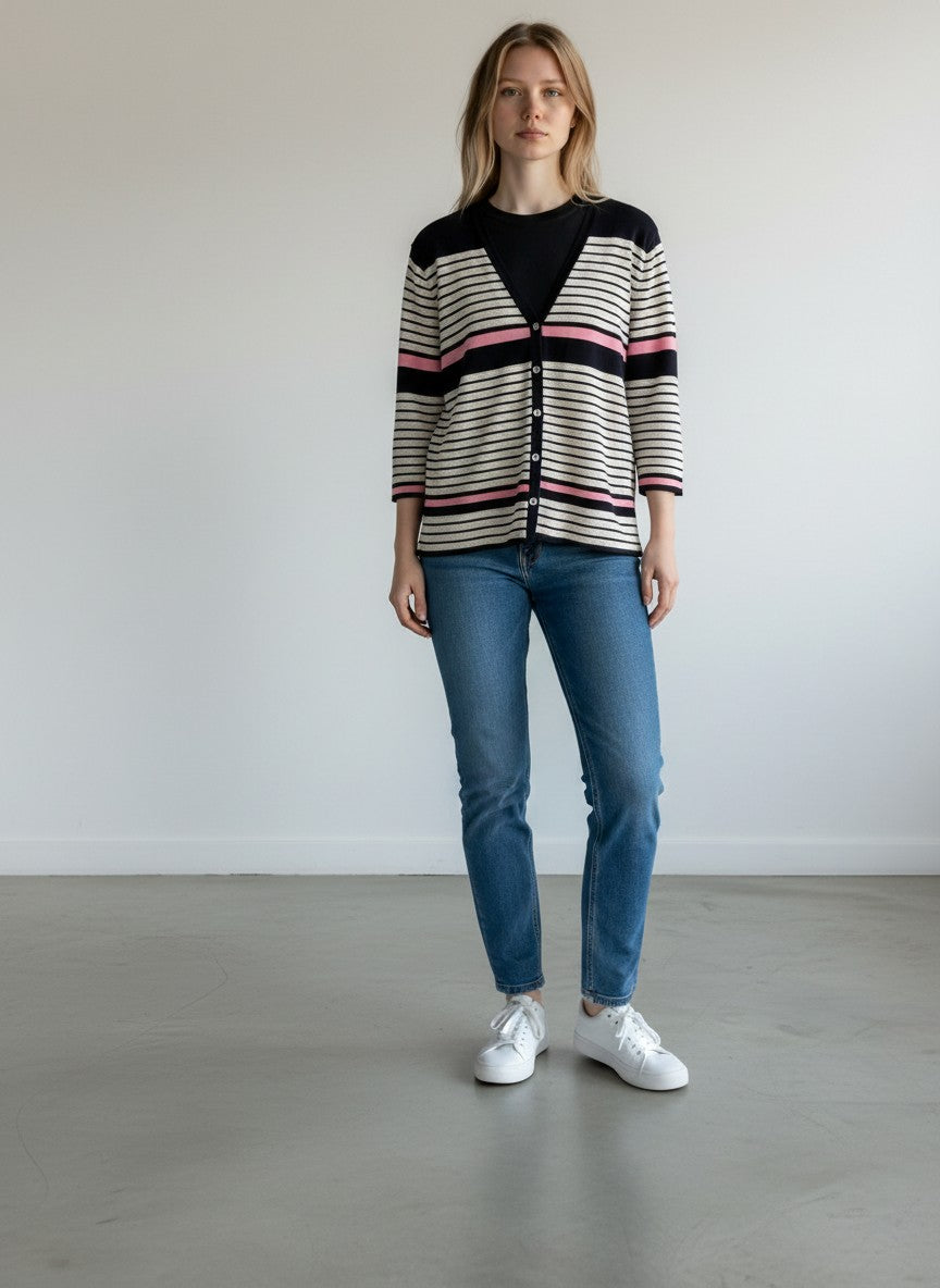 BERLIN VINTAGE CORNER navy, cream, and pink striped knit V-neck cardigan with button front and metallic threads.