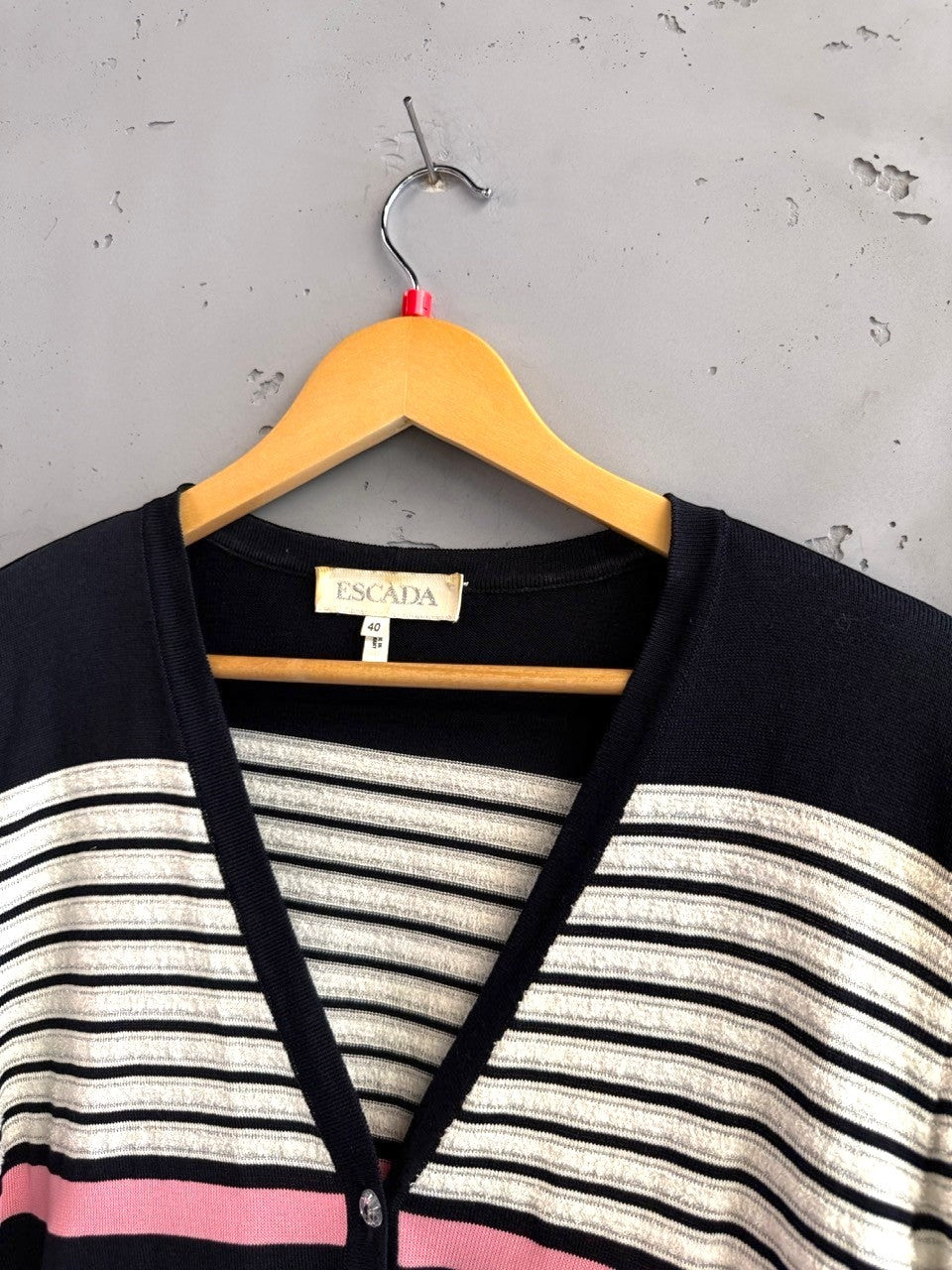 BERLIN VINTAGE CORNER navy, cream, and pink striped knit V-neck cardigan with button front