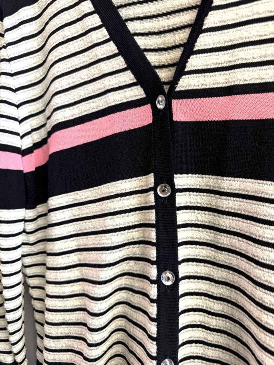 BERLIN VINTAGE CORNER navy, cream, and pink striped knit cardigan with V-neck and button front.