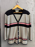 BERLIN VINTAGE CORNER navy, cream, and pink striped knit V-neck button-front cardigan with metallic threads.