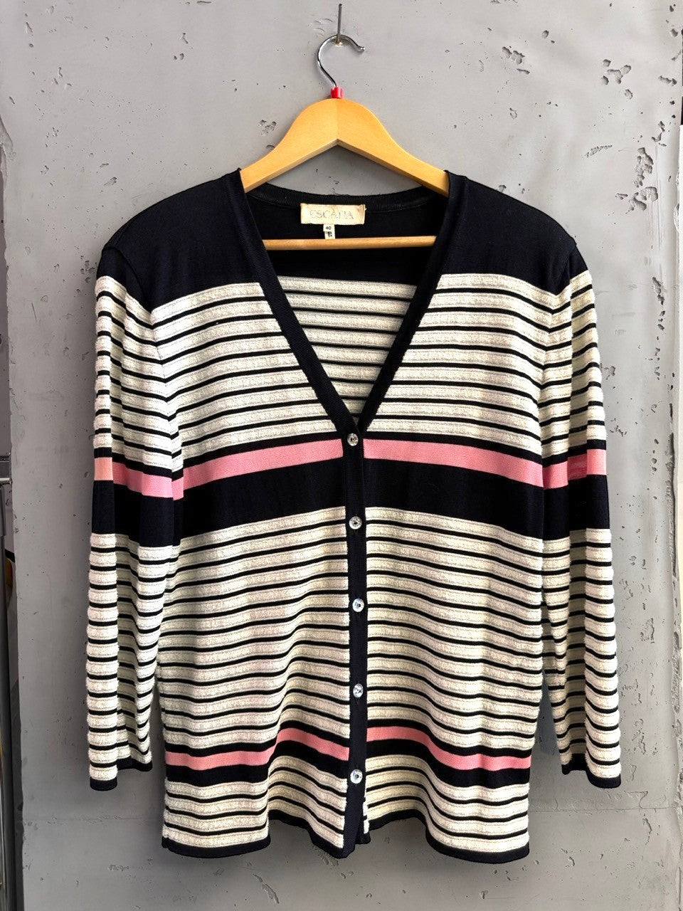 BERLIN VINTAGE CORNER navy, cream, and pink striped knit V-neck button-front cardigan with metallic threads.