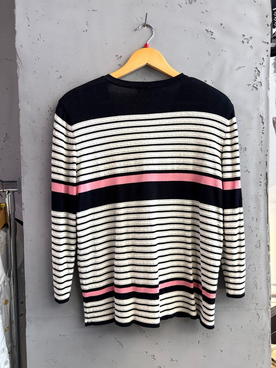 BERLIN VINTAGE CORNER navy, cream, and pink striped knit cardigan with metallic threads.