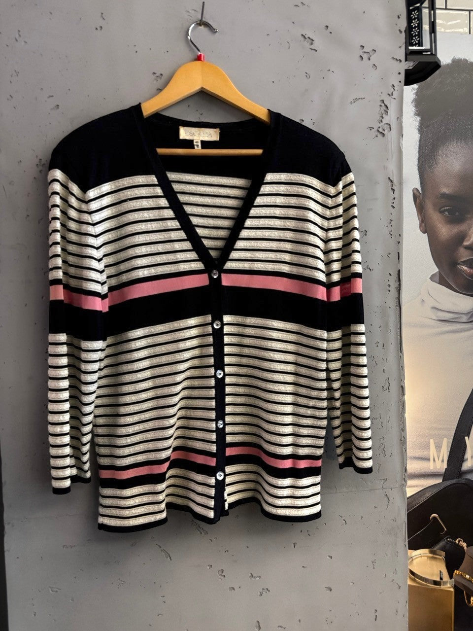 BERLIN VINTAGE CORNER navy, cream, and pink striped knit V-neck cardigan with button front and metallic threads.