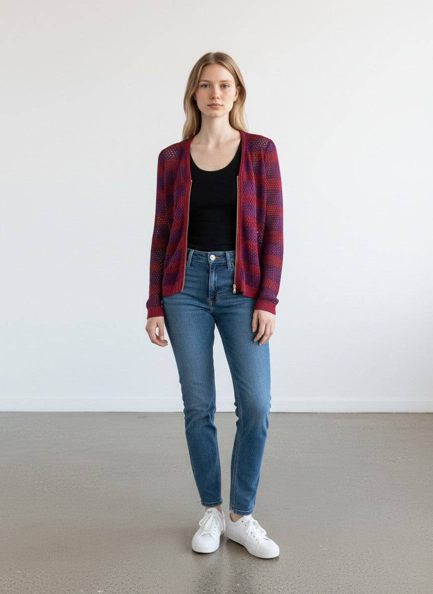 BERLIN VINTAGE CORNER open-knit cardigan with purple and burgundy stripes, V-neck, and gold zipper.