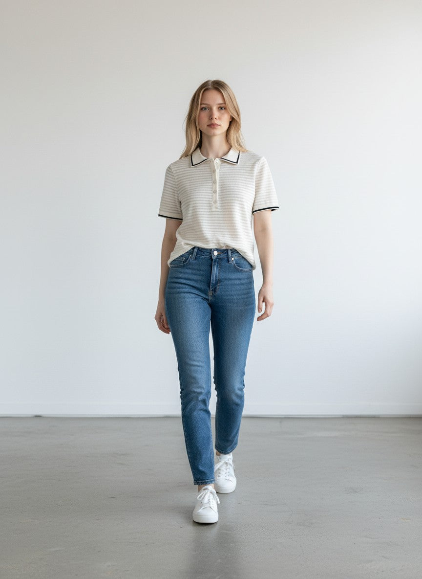 BERLIN VINTAGE CORNER cream knit polo shirt with horizontal stripes, black trim on collar and cuffs.