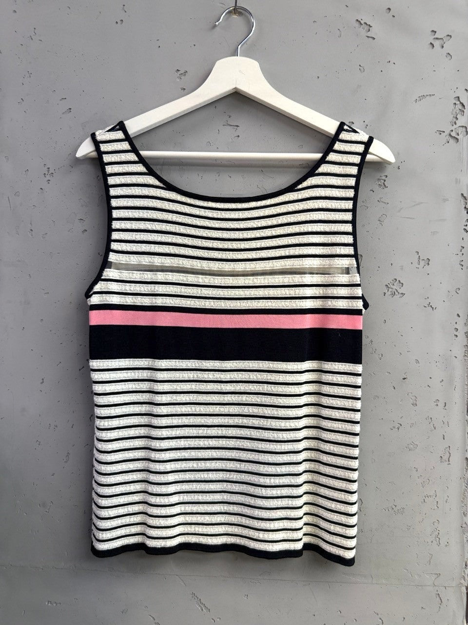 BERLIN VINTAGE CORNER black, white, and pink striped knit tank top with sheer detail
