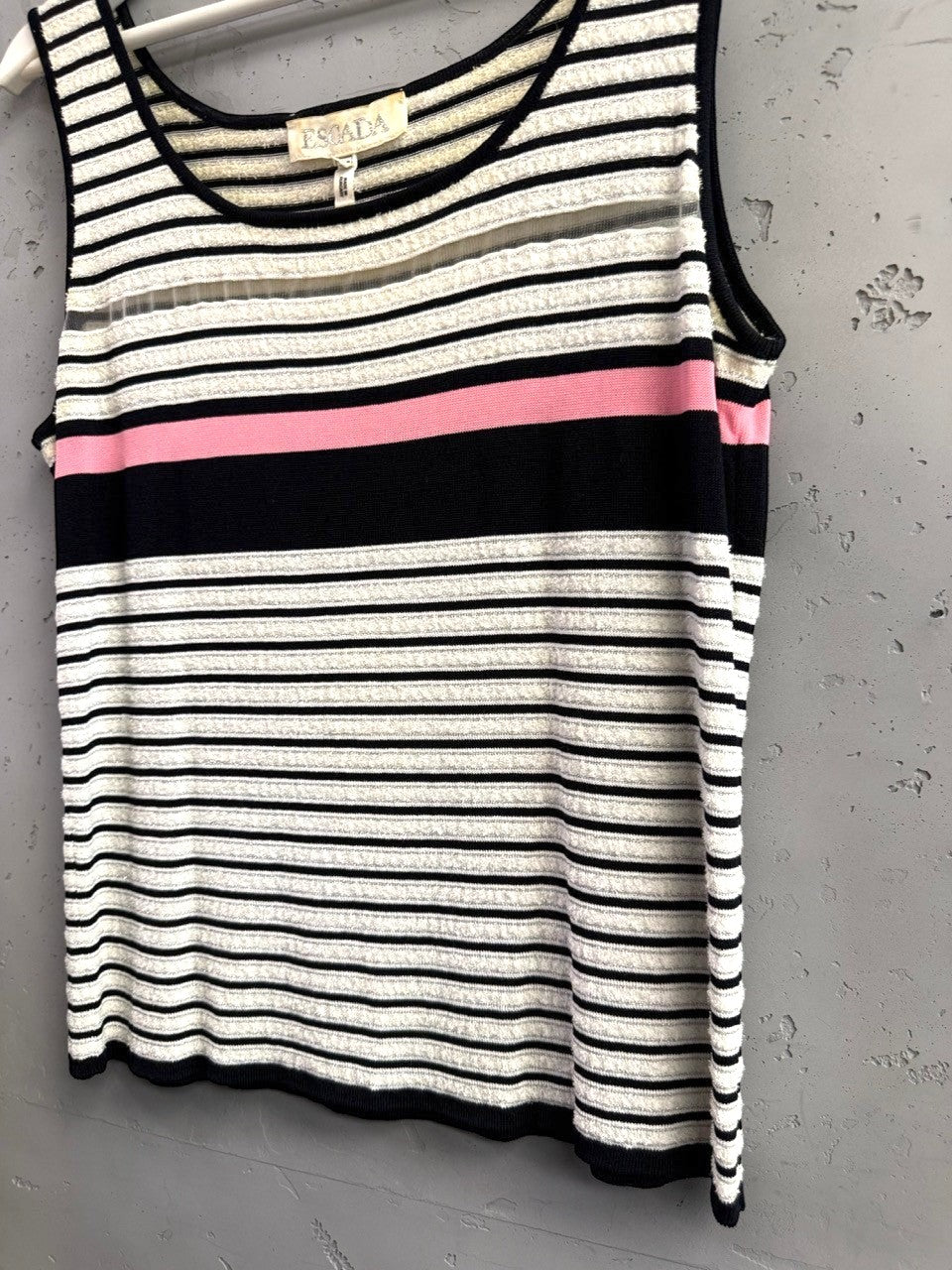BERLIN VINTAGE CORNER black, white, and pink striped knit tank top with sheer chest detail