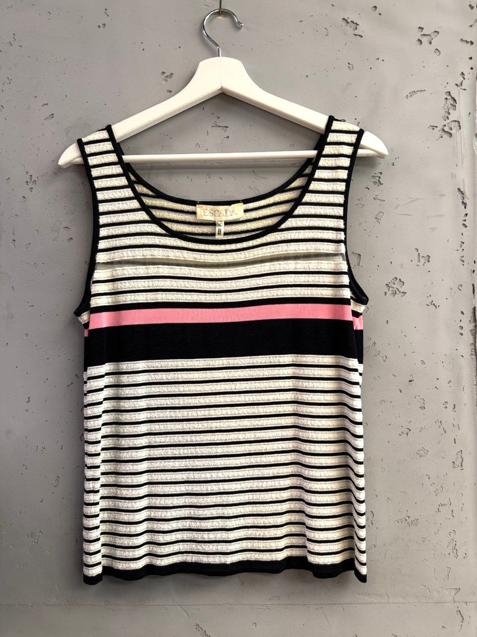 BERLIN VINTAGE CORNER black, white, and pink striped knit tank top with sheer detail