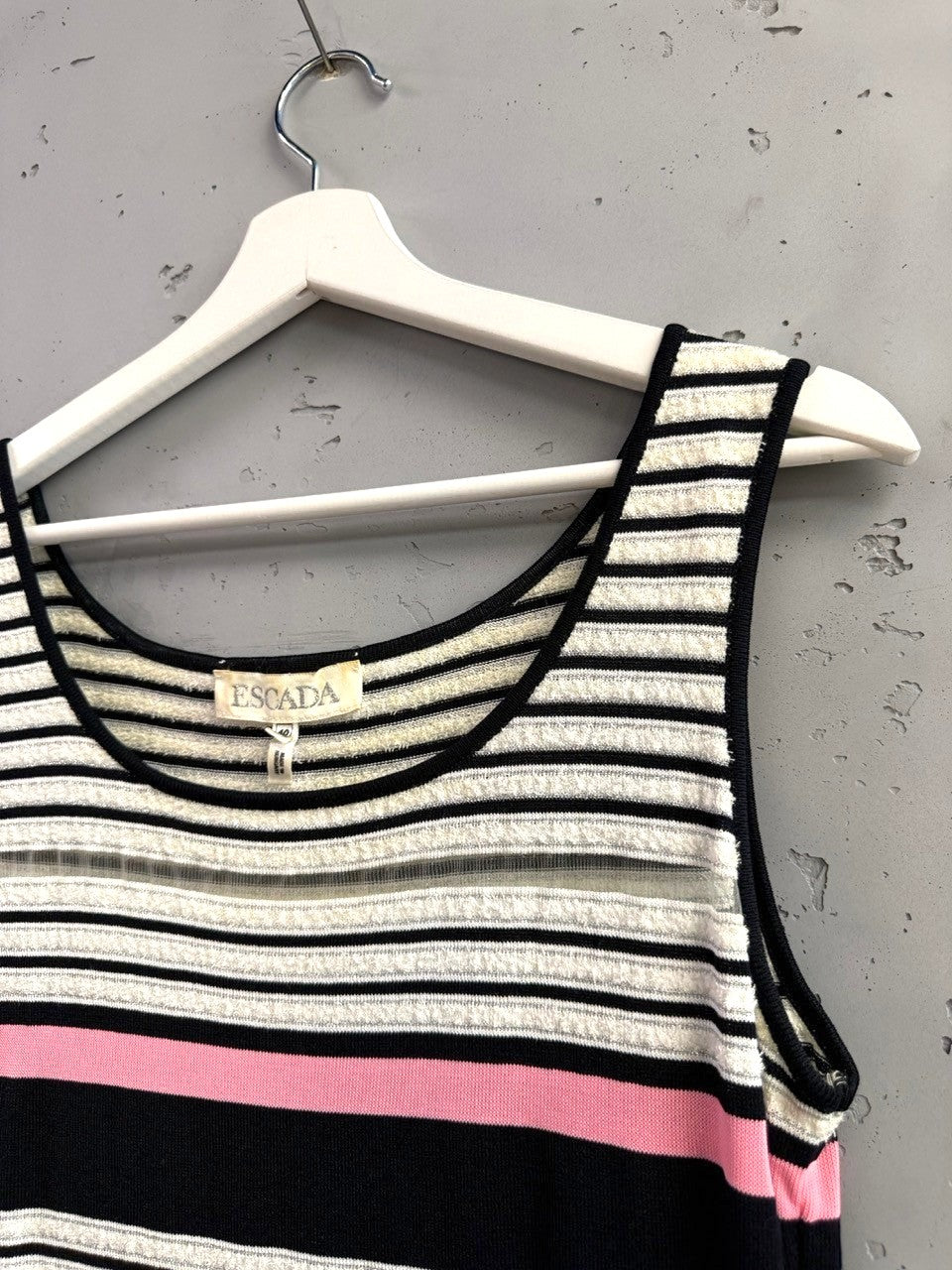 BERLIN VINTAGE CORNER black, white, and pink striped knit tank top with sheer detail