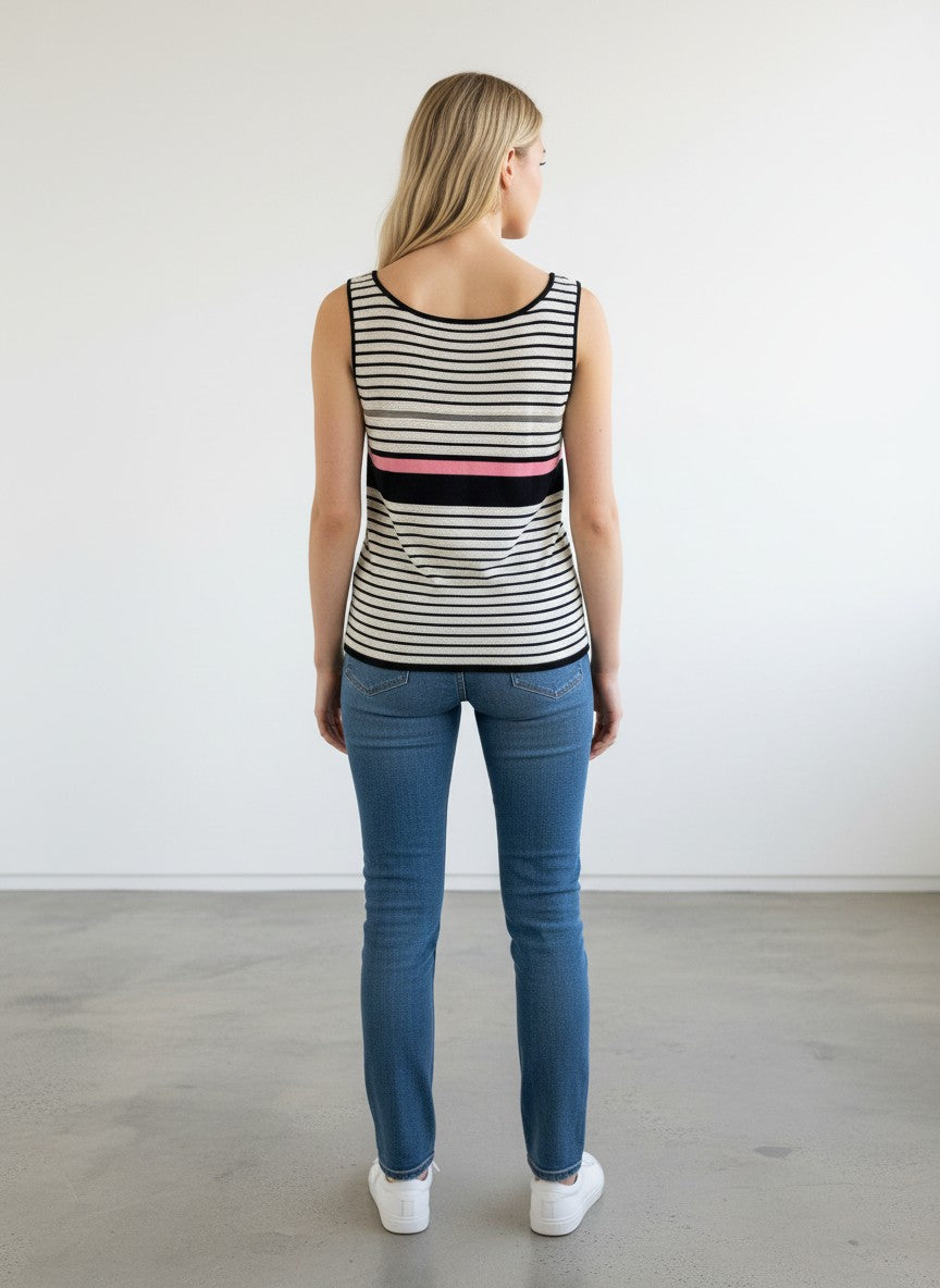BERLIN VINTAGE CORNER black, white, and pink striped knit tank top with sheer detail