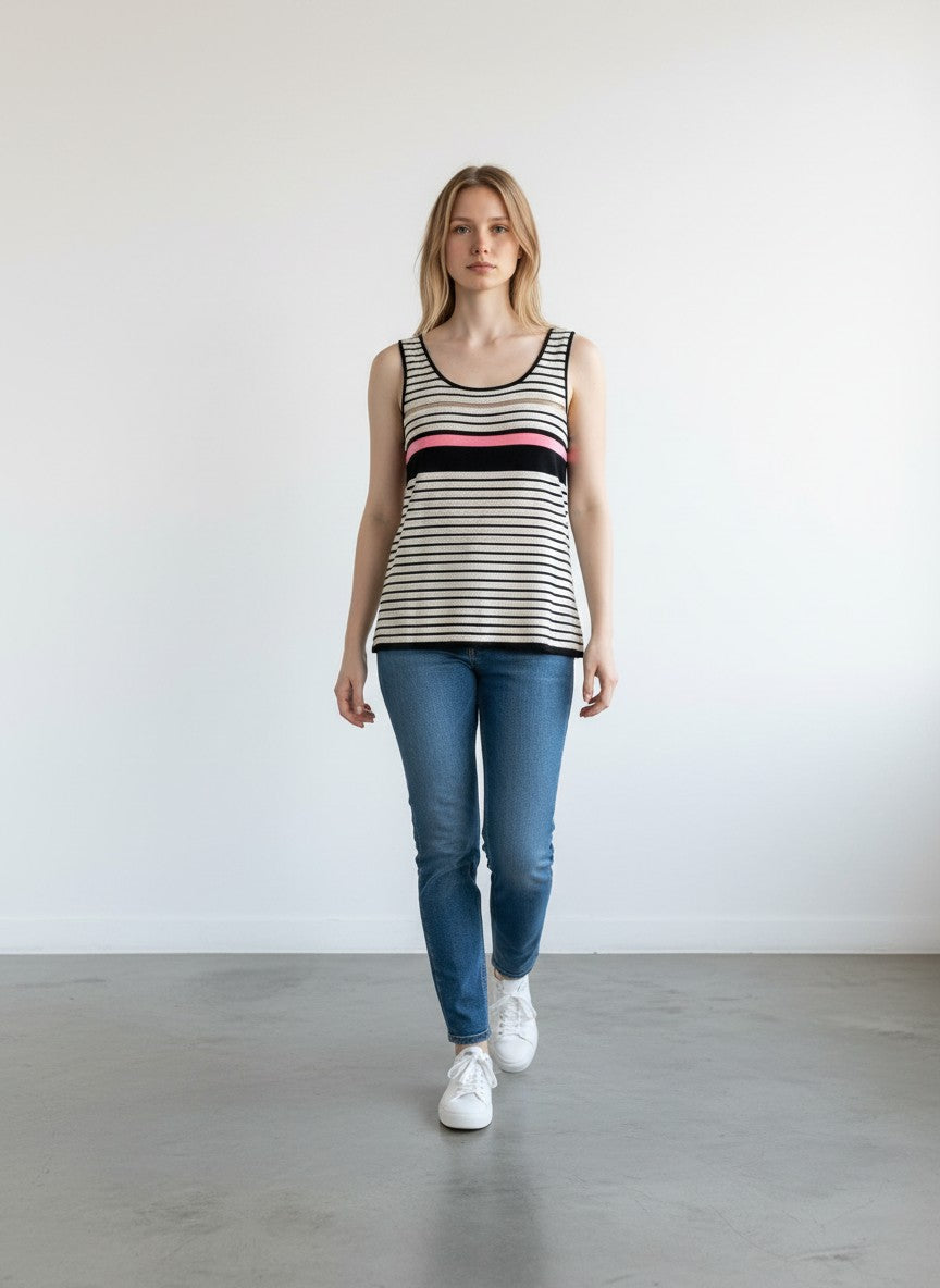BERLIN VINTAGE CORNER black, white, and pink striped knit tank top with sheer detail