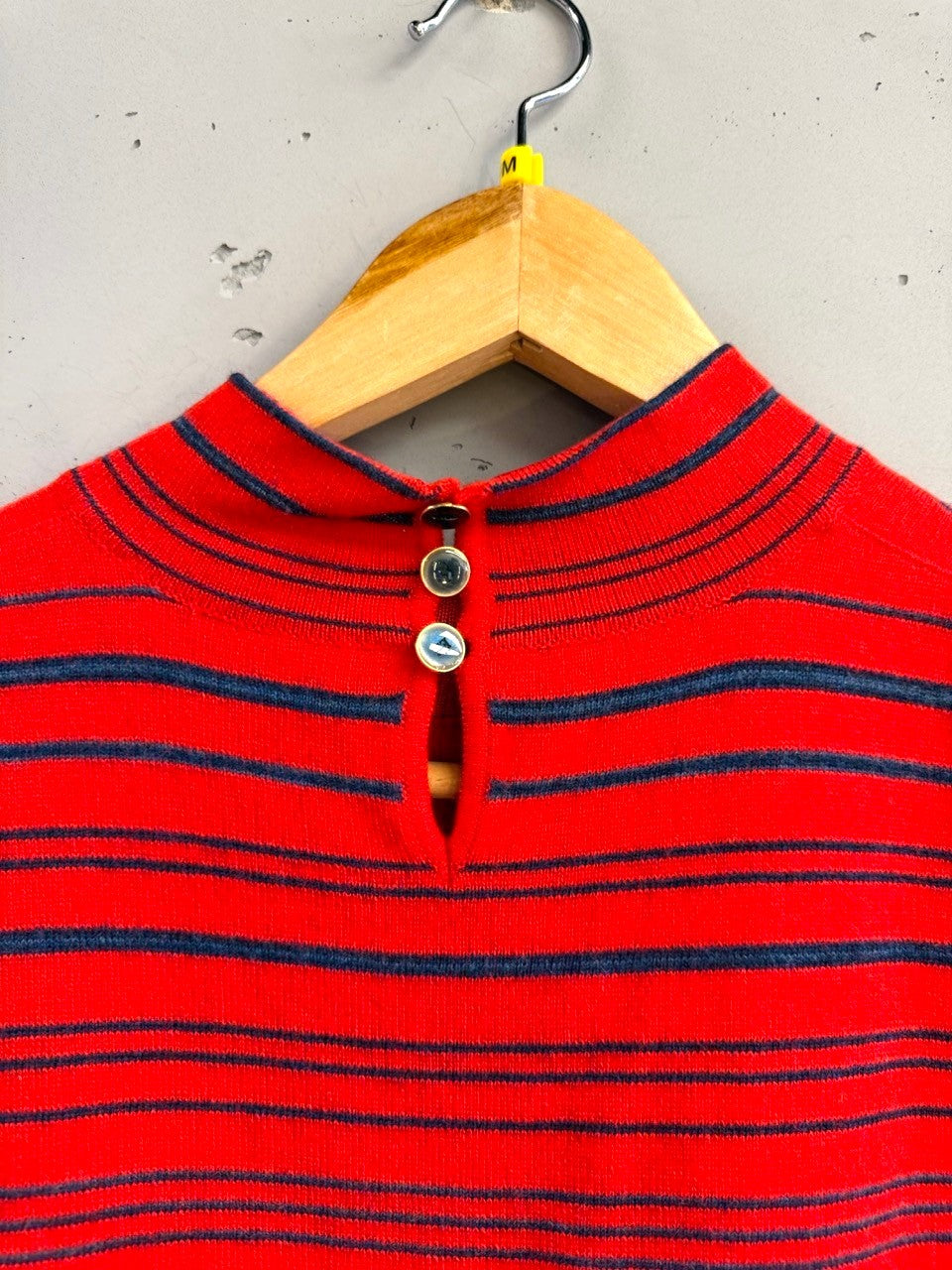 BERLIN VINTAGE CORNER red and navy blue striped knit mock neck sleeveless top with keyhole button detail.