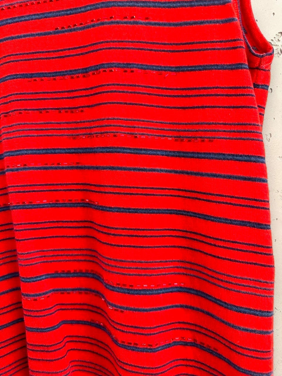 BERLIN VINTAGE CORNER red and navy blue striped sleeveless mock neck knit top with subtle button detail