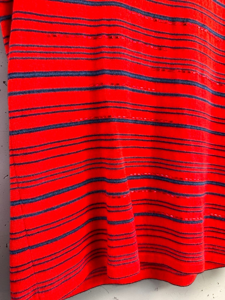 BERLIN VINTAGE CORNER red and navy blue striped sleeveless mock neck knit top with subtle button detail