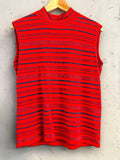 BERLIN VINTAGE CORNER red and navy blue striped sleeveless mock neck knit top with keyhole button detail.