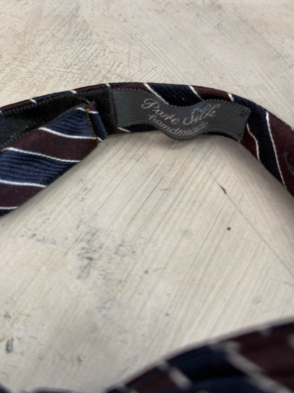 BERLIN VINTAGE CORNER handmade pure silk bow tie with navy, burgundy, and white stripes.