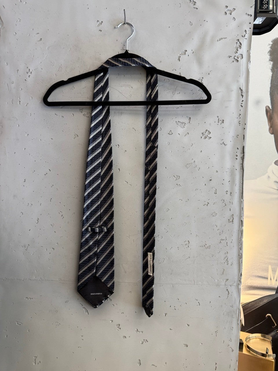 BERLIN VINTAGE CORNER navy, charcoal grey, and white striped silk necktie with subtle sheen.