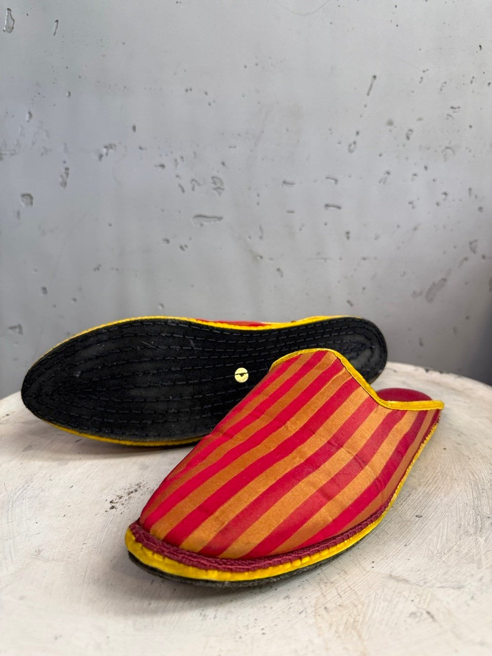 BERLIN VINTAGE CORNER women's crimson red and golden yellow striped silk blend slippers with pointed toe and yellow piping.