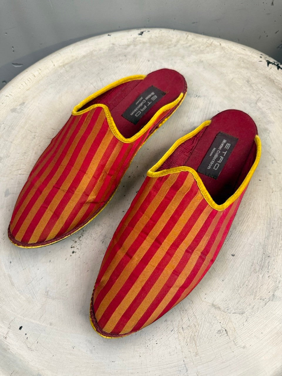 BERLIN VINTAGE CORNER women's crimson red and golden yellow striped silk blend slippers with pointed toe and yellow piping.