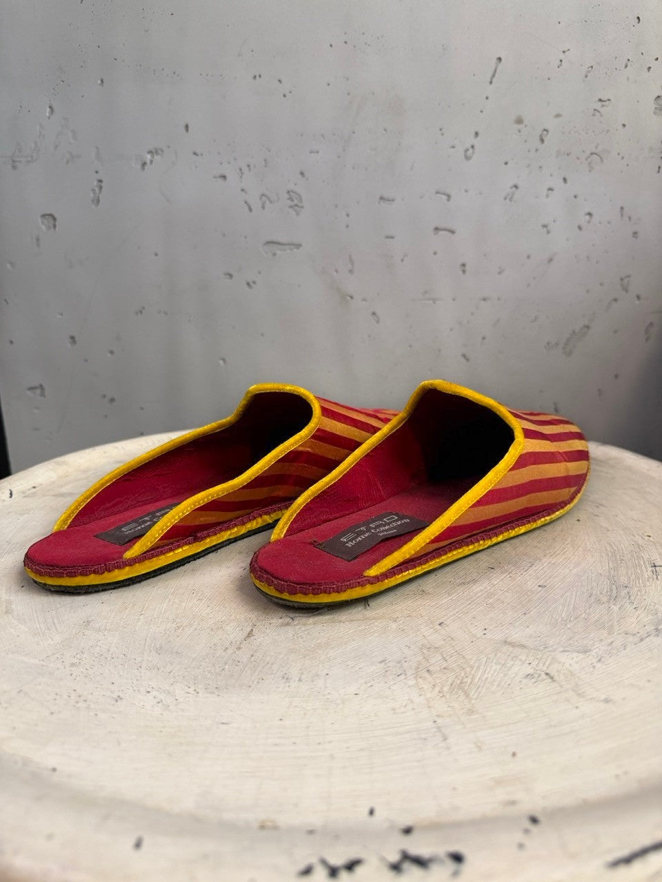 BERLIN VINTAGE CORNER women's crimson red and golden yellow striped silk blend slippers with pointed toe and yellow piping.
