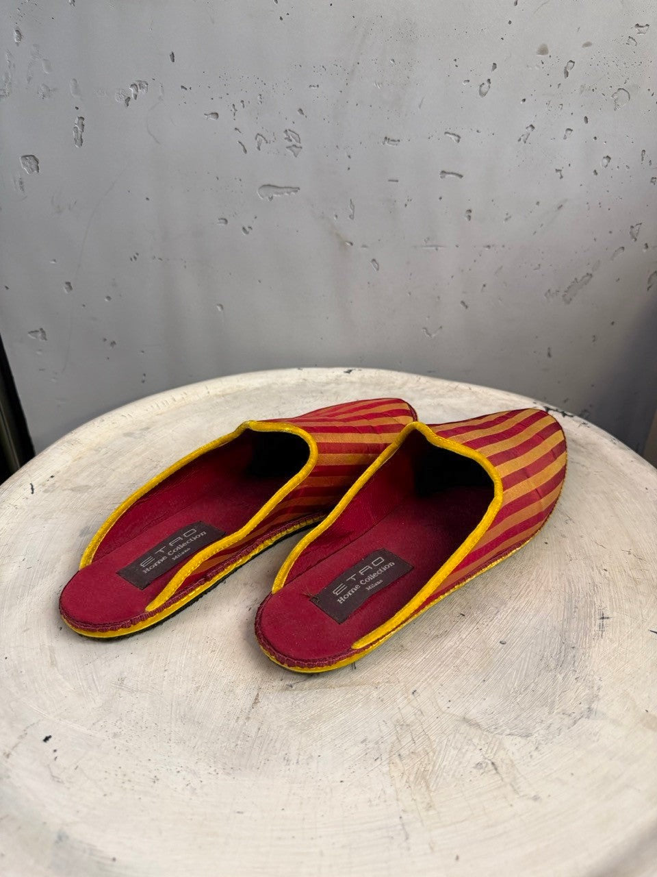 BERLIN VINTAGE CORNER women's crimson red and golden yellow striped silk blend pointed slippers with yellow piping.
