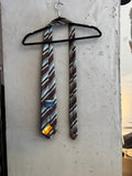 BERLIN VINTAGE CORNER brown, white, and turquoise striped silk tie with paisley detail. Classic width.