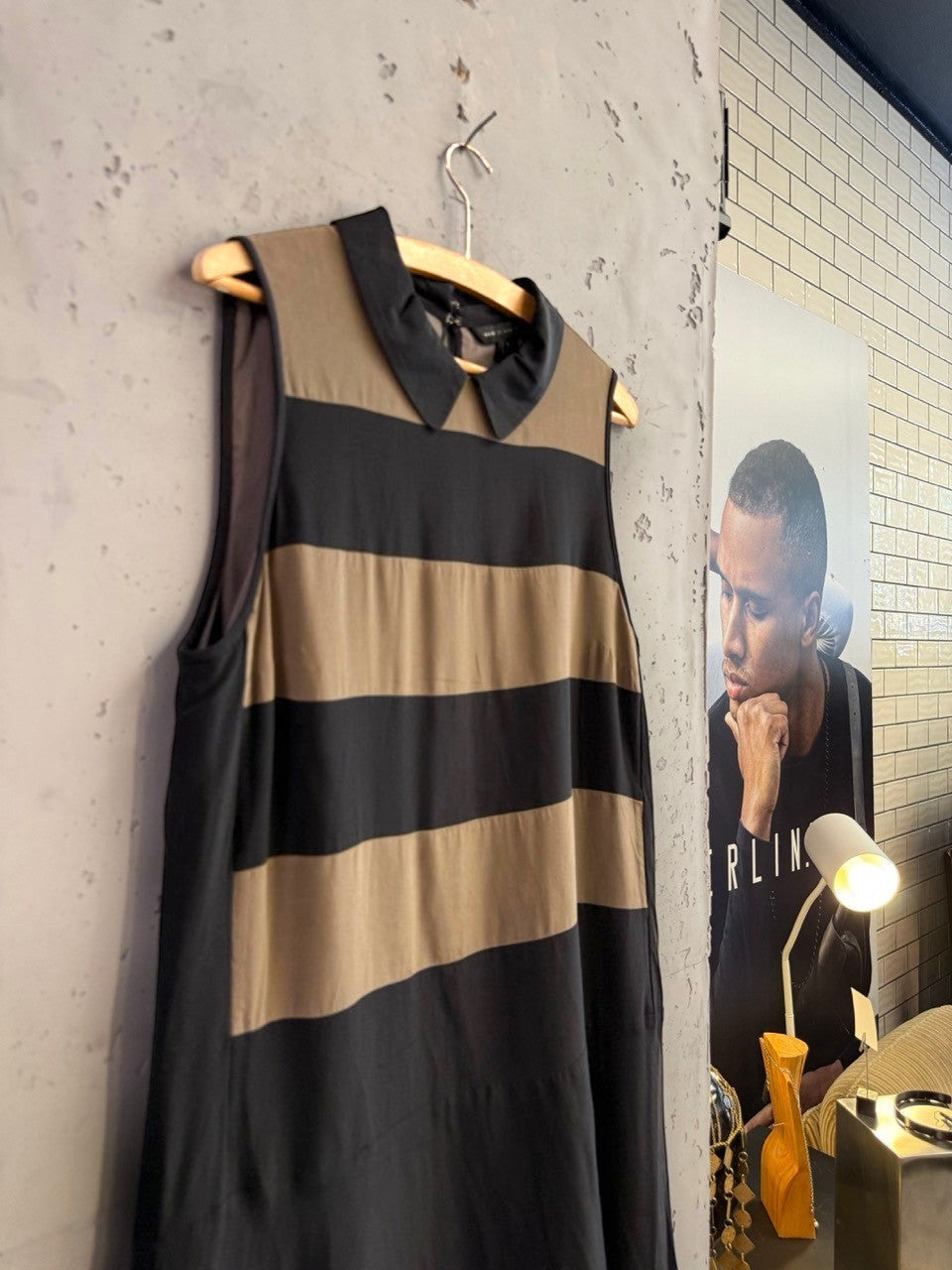 BERLIN VINTAGE CORNER Marc by Marc Jacobs sleeveless dress with black and tan stripes and a Peter Pan collar.