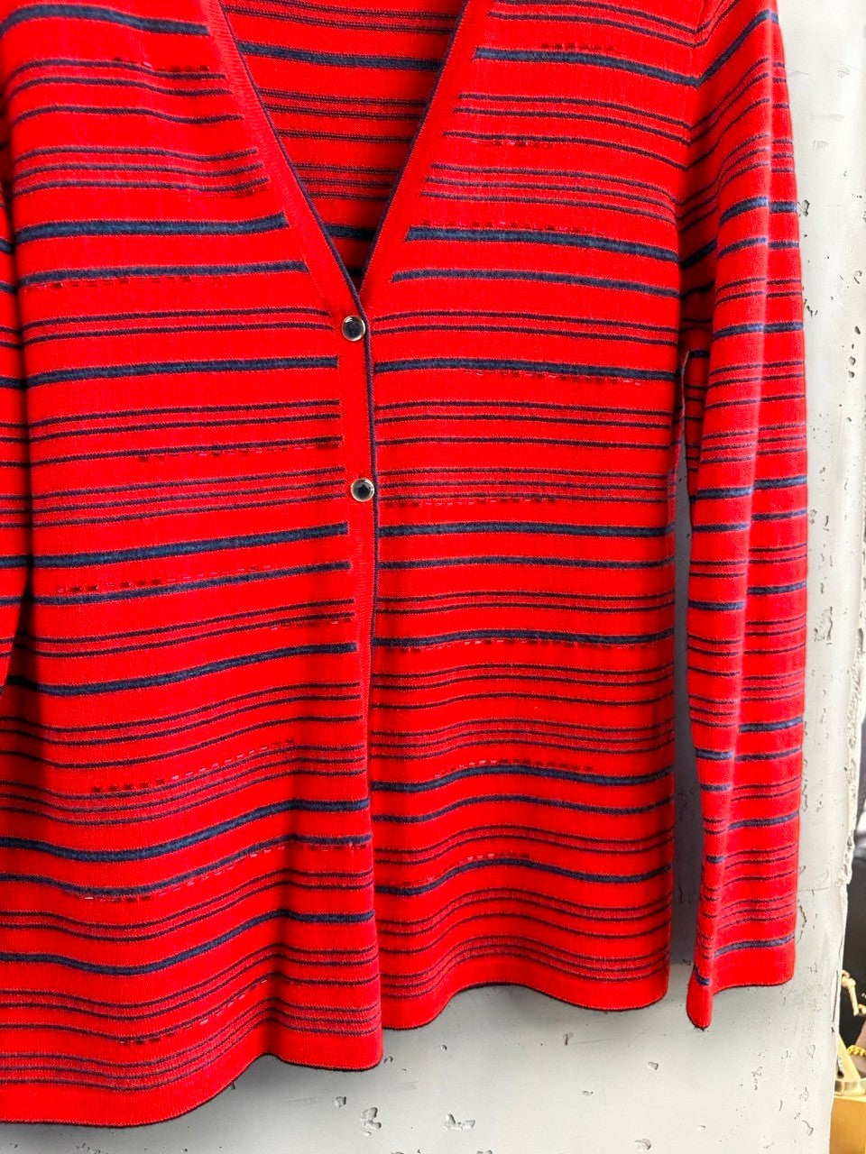 BERLIN VINTAGE CORNER red and navy striped V-neck cardigan sweater with button-down front and metallic threads.