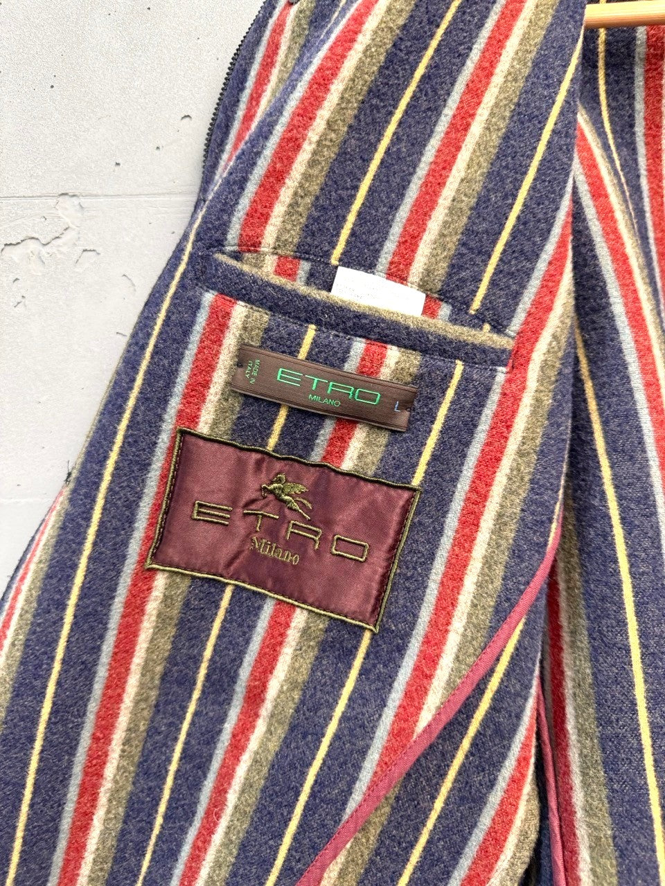 BERLIN VINTAGE CORNER men's wool blend jacket with red, blue, yellow, and grey stripes and Etro Milano logo detail.