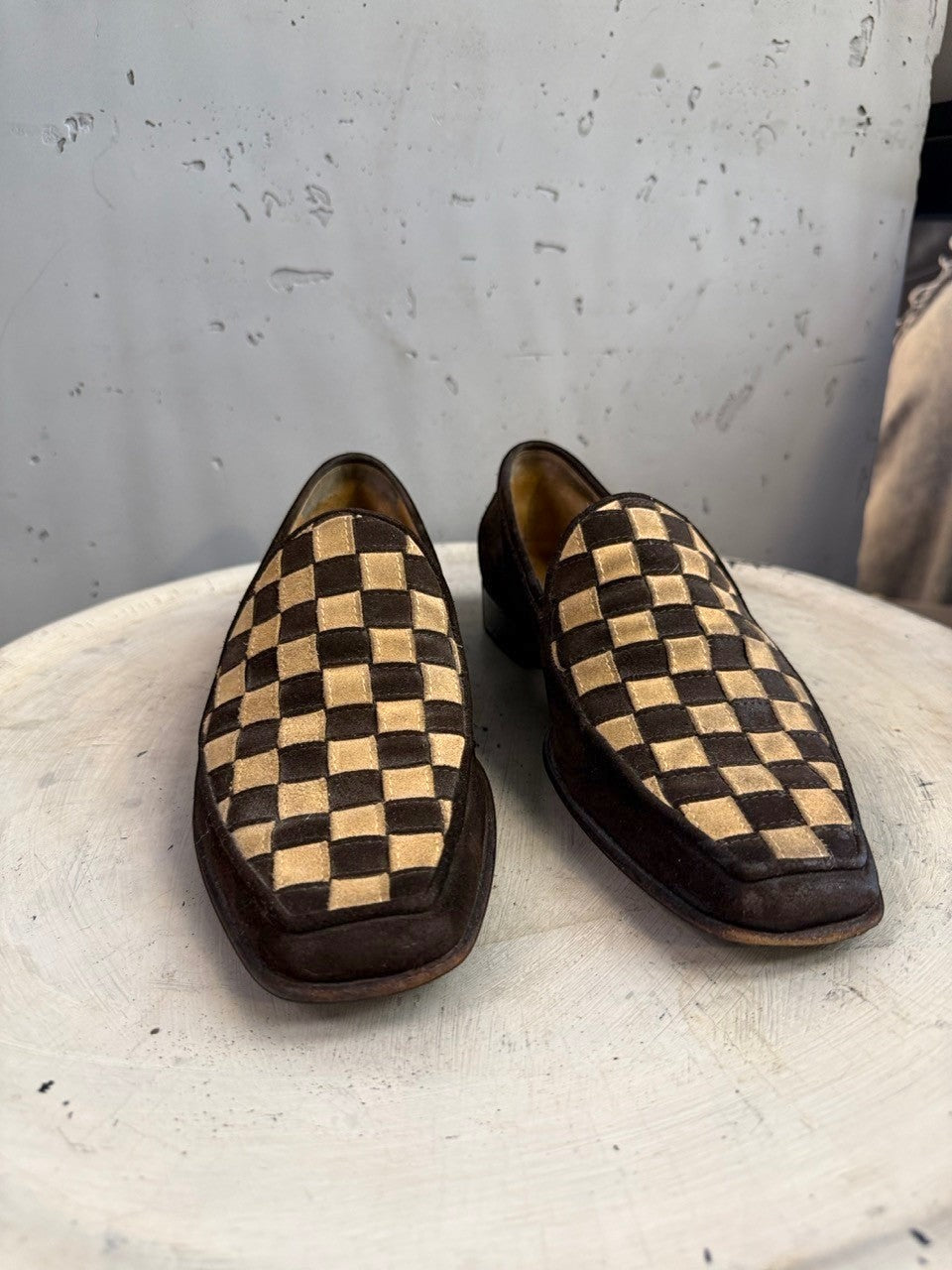 BERLIN VINTAGE CORNER brown and tan checkered suede loafers with slip-on design.