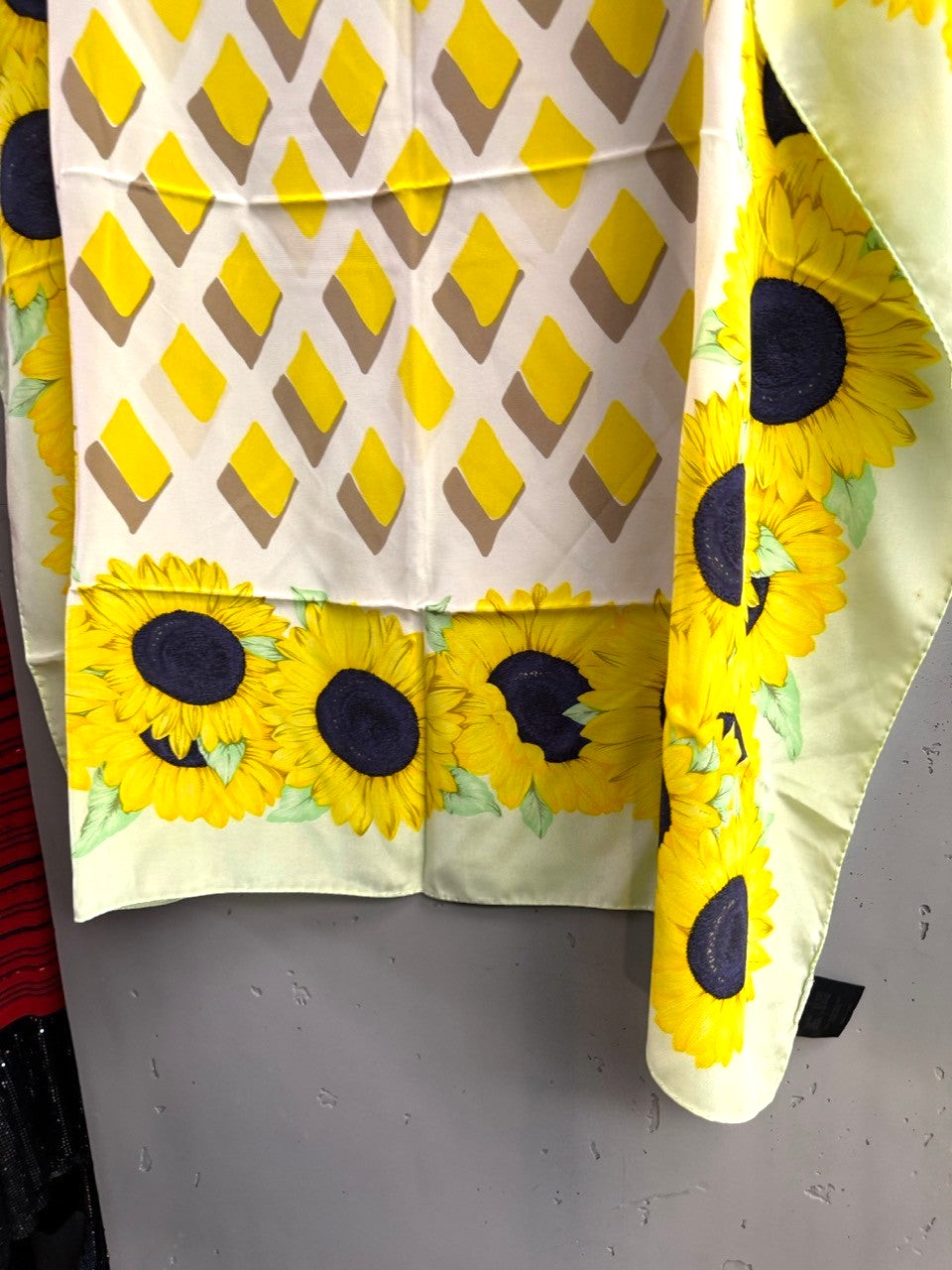 BERLIN VINTAGE CORNER silk scarf with yellow sunflower border and geometric diamond pattern on pale yellow background