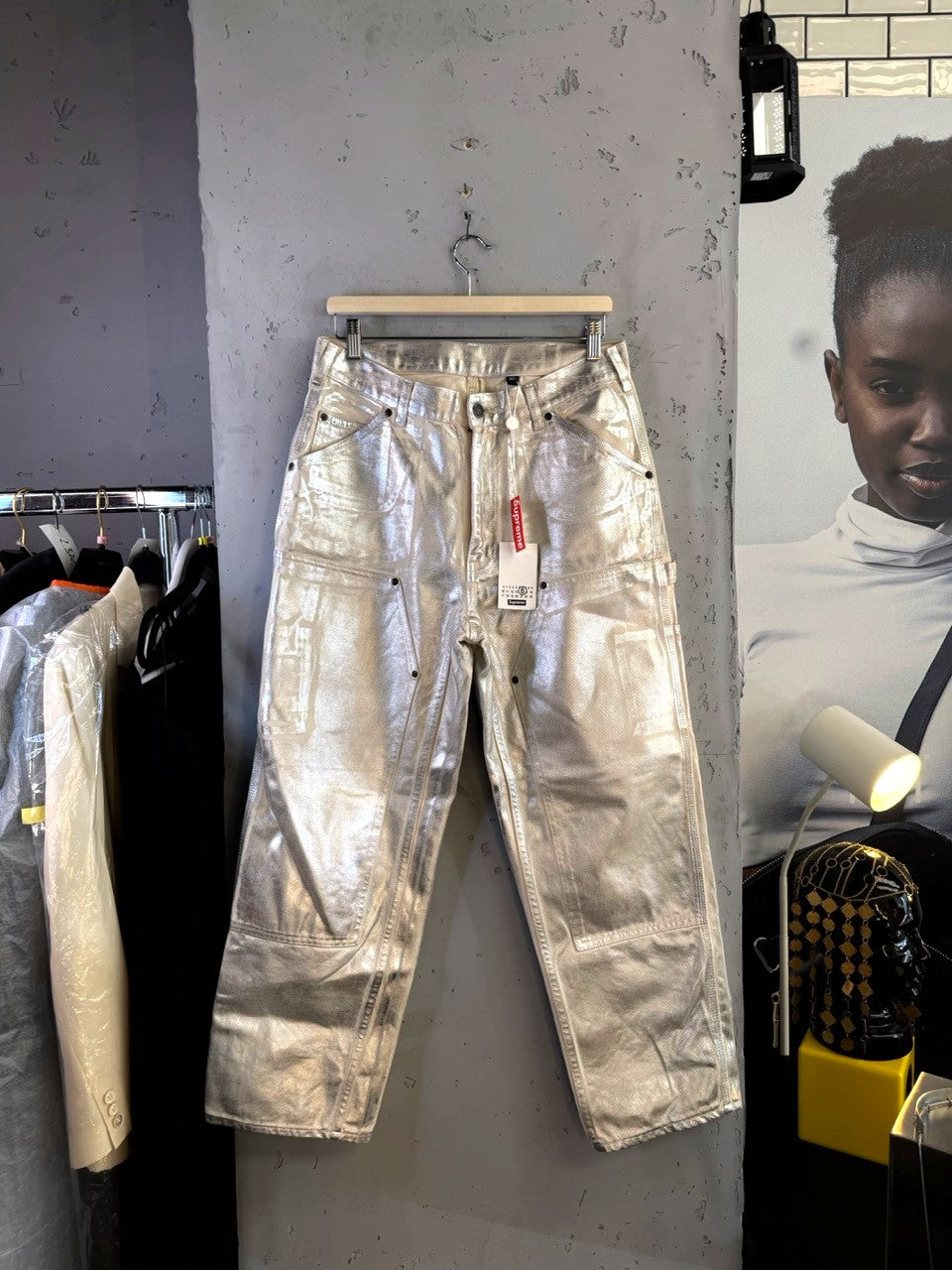 Supreme x MM6 Maison Margiela Silver Foil Painter Pants, front