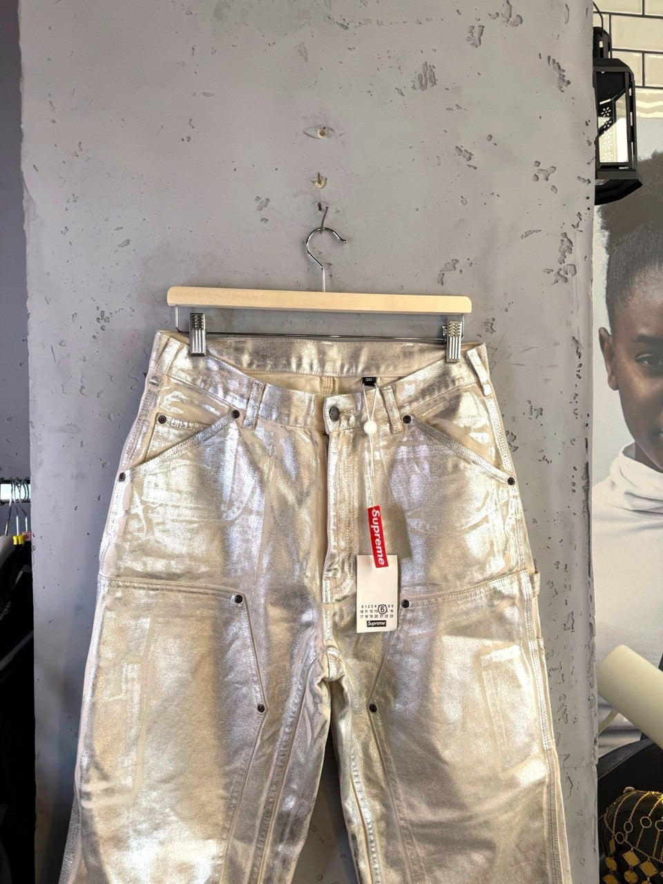 Supreme x MM6 Maison Margiela Silver Foil Painter Pants, front close up