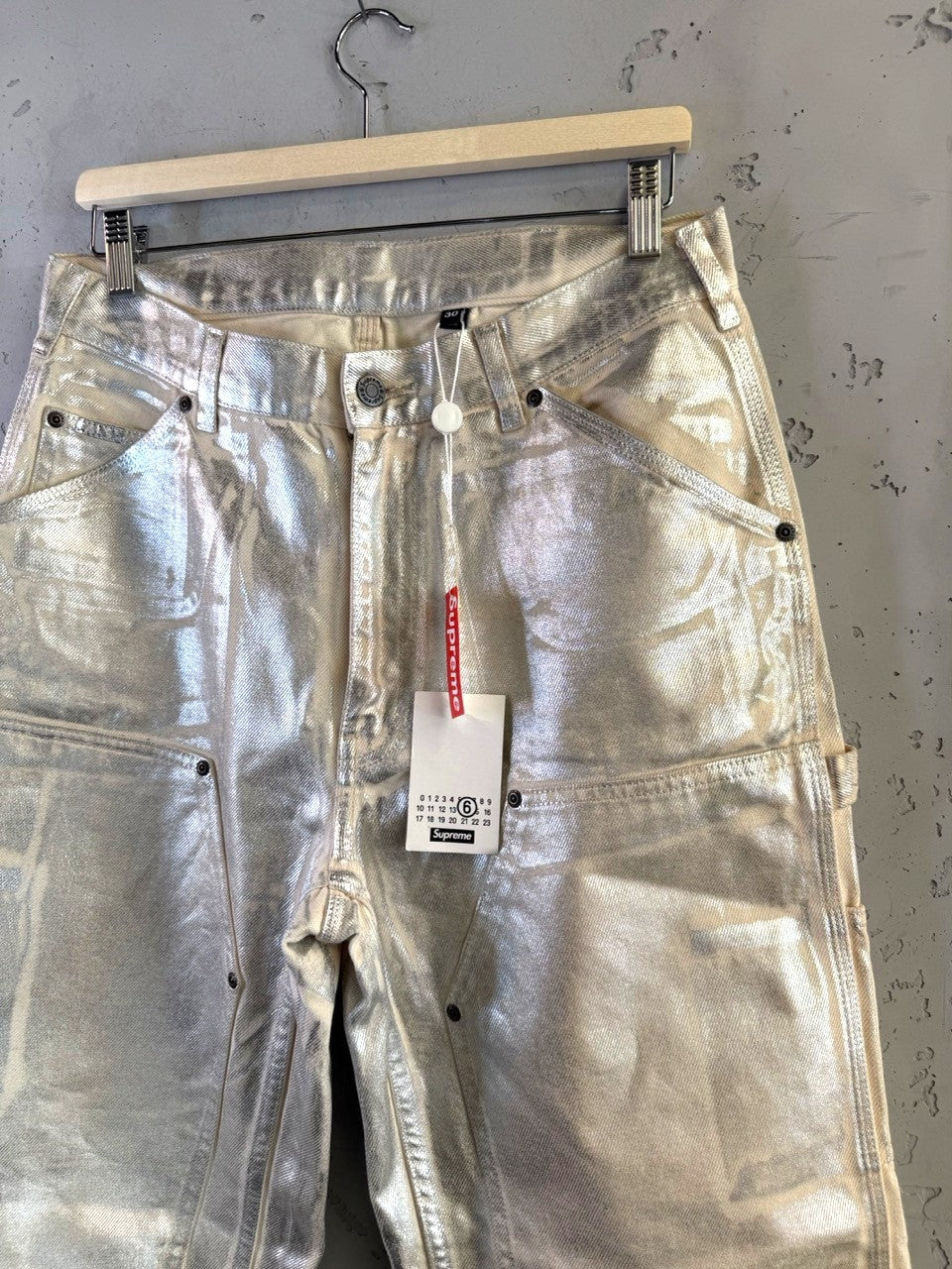 Supreme x MM6 Maison Margiela Silver Foil Painter Pants, waistband and tags
